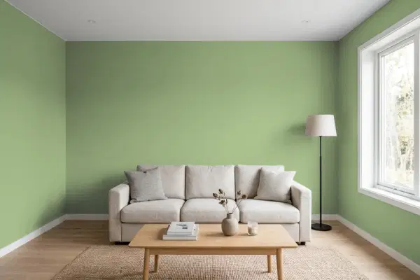 Living room with walls painted Sherwin-Williams Broccoflower SW 9039 (simulated)