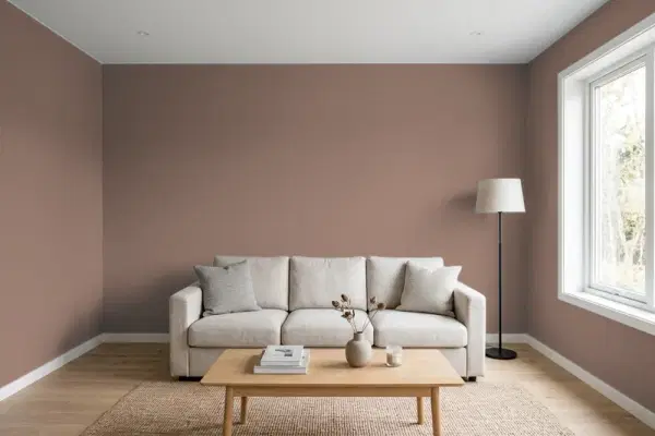 Living room with walls painted Valspar Brown Bark 2004-9B (simulated)