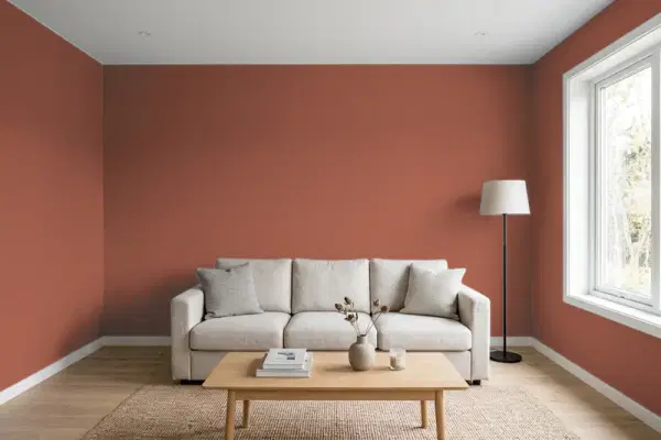 Living room with walls painted Benjamin Moore Brownberry CSP-1125 (simulated)