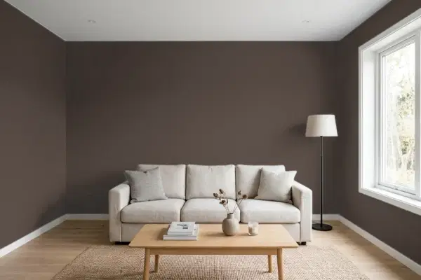 Living room with walls painted Benjamin Moore Brownstone CSP-240 (simulated)