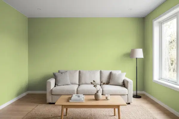 Living room with walls painted Valspar Brush Meadow 6004-6A (simulated)