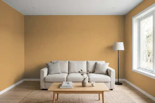 Living room with walls painted Benjamin Moore Bryan Ochre CW-390 (simulated)
