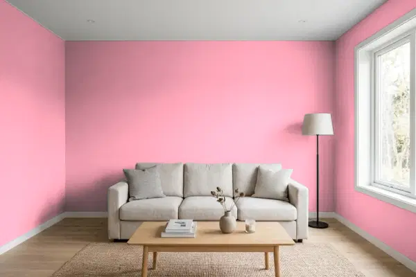 Living room with walls painted Benjamin Moore Bubble Bath 1326 (simulated)