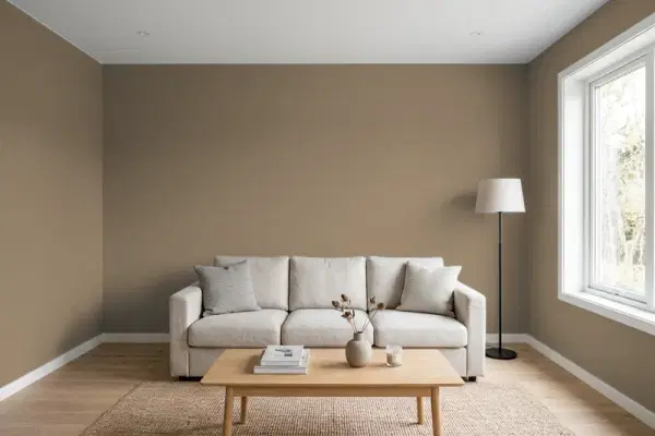 Living room with walls painted Benjamin Moore Buckhorn CC-510 (simulated)