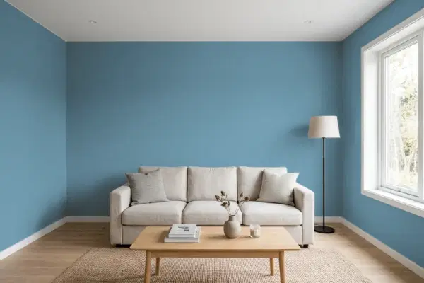 Living room with walls painted Benjamin Moore Buckland Blue HC-151 (simulated)