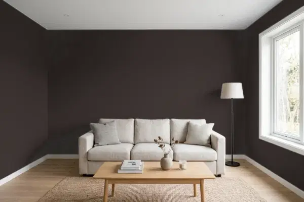 Living room with walls painted Benjamin Moore Bucktrout Brown CW-180 (simulated)