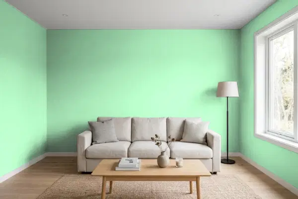 Living room with walls painted Benjamin Moore Bud Green 2033-50 (simulated)