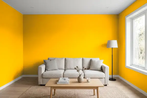 Living room with walls painted Benjamin Moore Bumble Bee Yellow 2020-10 (simulated)