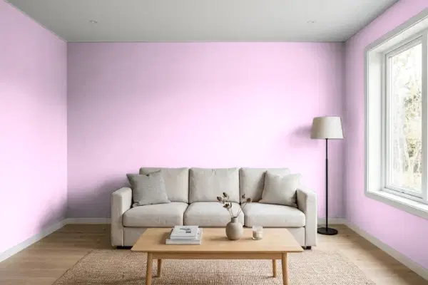 Living room with walls painted Benjamin Moore Bunny Nose Pink 2074-60 (simulated)