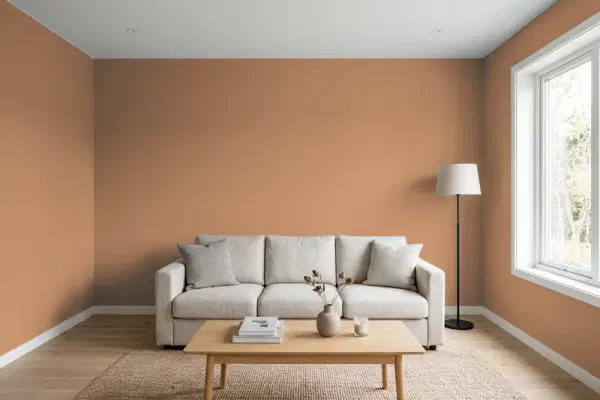 Living room with walls painted Behr Burnt Toffee S230-6 (simulated)
