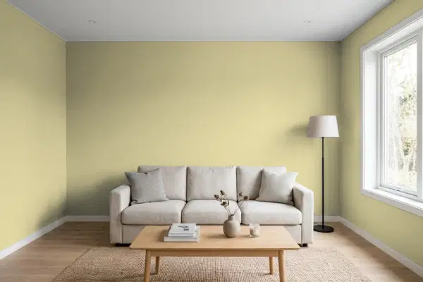 Living room with walls painted Benjamin Moore Burwell Green CW-445 (simulated)