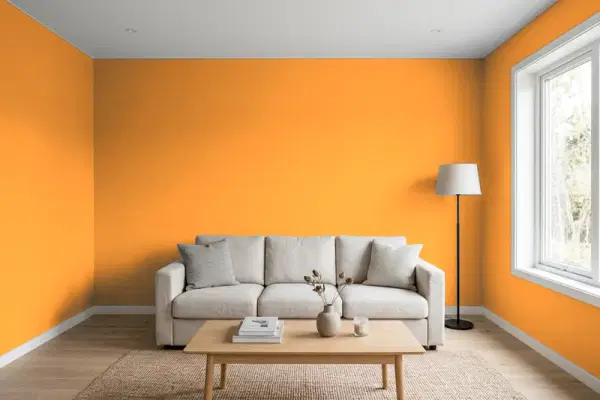 Living room with walls painted Valspar Buttercup Squash 2007-1A (simulated)