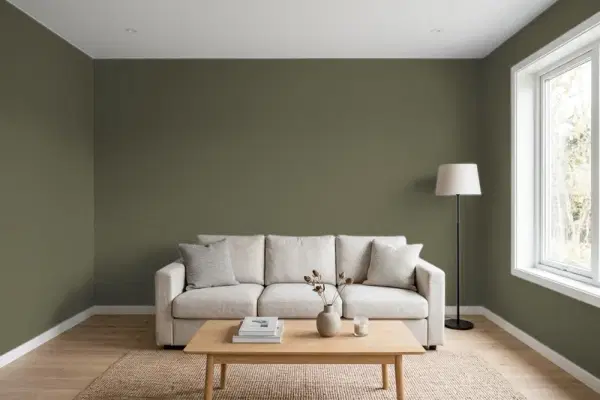 Living room with walls painted Benjamin Moore Cabbage Patch 2141-20 (simulated)