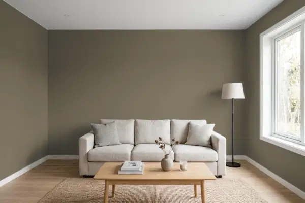 Living room with walls painted Benjamin Moore Cabin Fever 1540 (simulated)