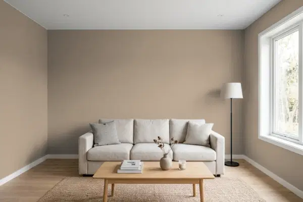 Living room with walls painted Benjamin Moore Cabot Trail 998 (simulated)
