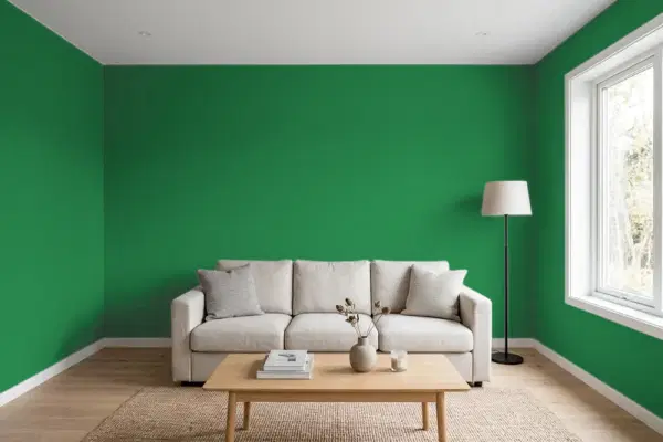 Living room with walls painted Benjamin Moore Cactus Green 2035-20 (simulated)