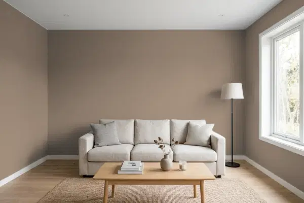 Living room with walls painted Behr Caffeine N210-5 (simulated)