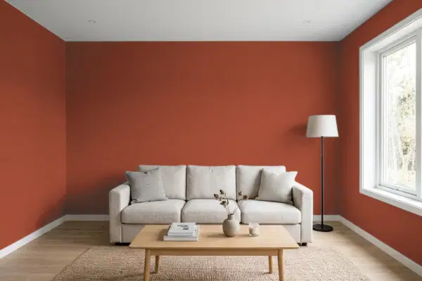 Living room with walls painted Sherwin-Williams Cajun Red SW 0008 (simulated)