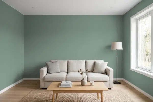 Living room with walls painted PPG Paints Calabash Clash 1135-6 (simulated)