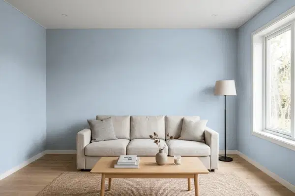 Living room with walls painted Behr Calming Space ICC-45 (simulated)