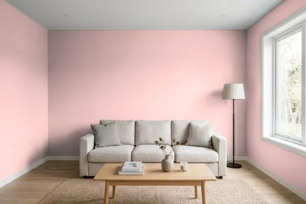 Living room with walls painted Benjamin Moore Camellia Pink 2093-50 (simulated)