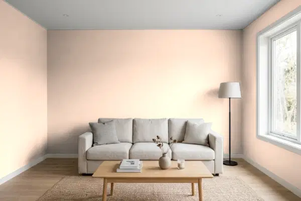 Living room with walls painted Benjamin Moore Cameo Rose 071 (simulated)