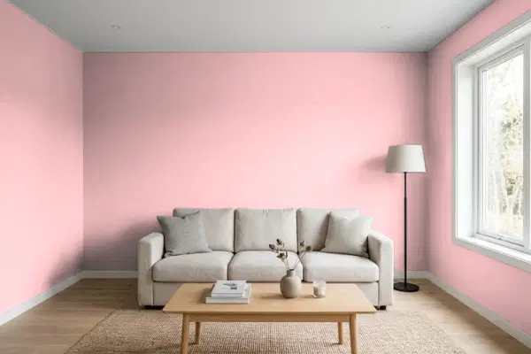 Living room with walls painted Valspar Camille Pink 2002-4B (simulated)
