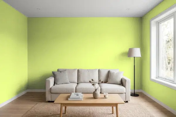 Living room with walls painted Benjamin Moore Candy Green 403 (simulated)