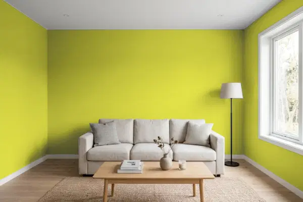 Living room with walls painted Valspar Can't Miss Lime 6011-10 (simulated)