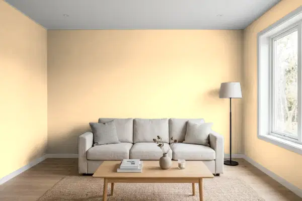 Living room with walls painted Benjamin Moore Cantaloupe 157 (simulated)