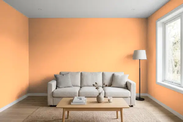Living room with walls painted Behr Cantaloupe Slice 260B-5 (simulated)