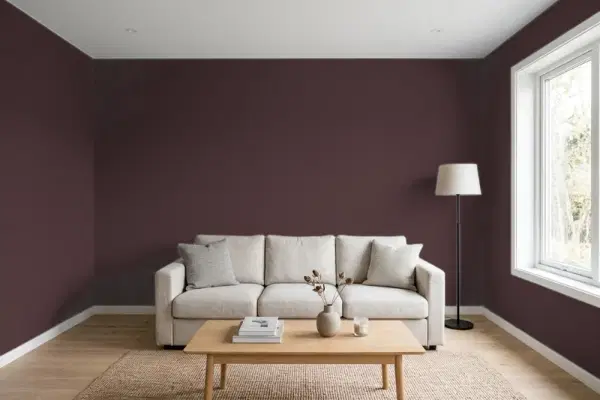 Living room with walls painted Benjamin Moore Caponata AF-650 (simulated)