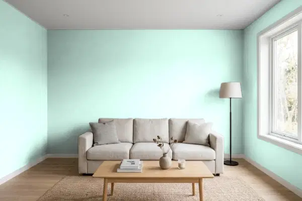 Living room with walls painted Benjamin Moore Caribbean Breeze 652 (simulated)