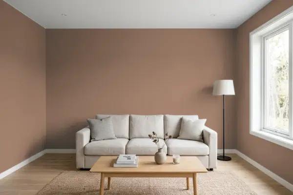Living room with walls painted Benjamin Moore Carob AF-160 (simulated)