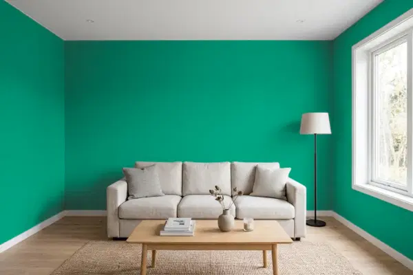 Living room with walls painted PPG Paints Carolina Green 1229-7 (simulated)
