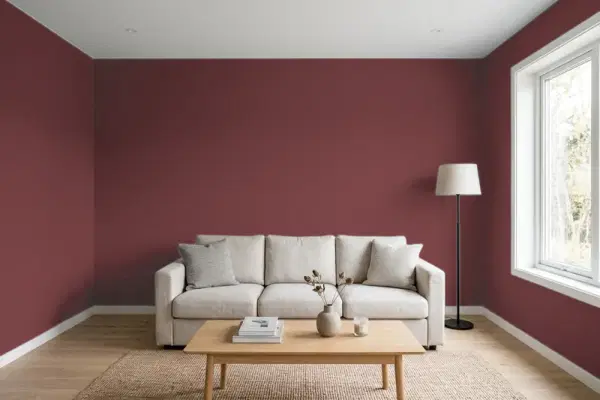 Living room with walls painted Benjamin Moore Cascabel Chile CSP-445 (simulated)
