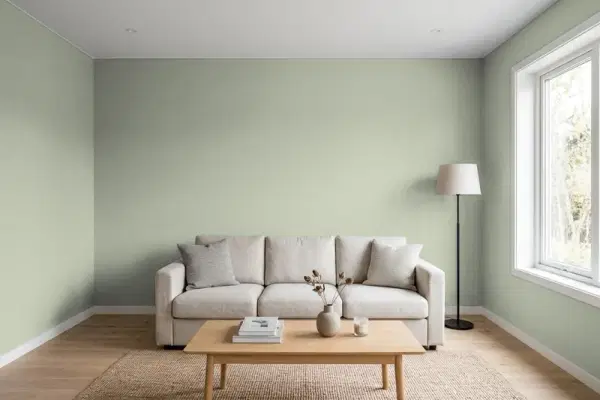 Living room with walls painted Sherwin-Williams Cascade Green SW 0066 (simulated)
