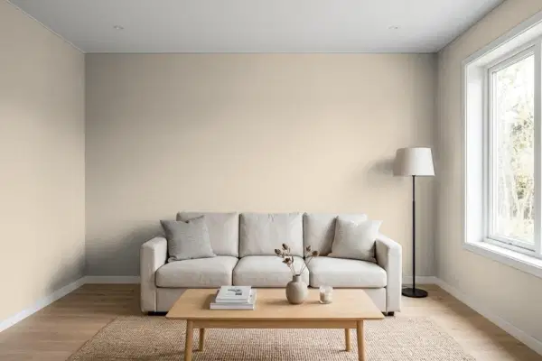 Living room with walls painted Behr Castle Path 730C-3 (simulated)