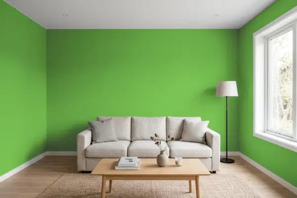 Living room with walls painted Behr Caterpillar 430B-6 (simulated)