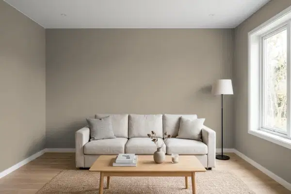 Living room with walls painted Benjamin Moore Cathedral Gray CSP-205 (simulated)