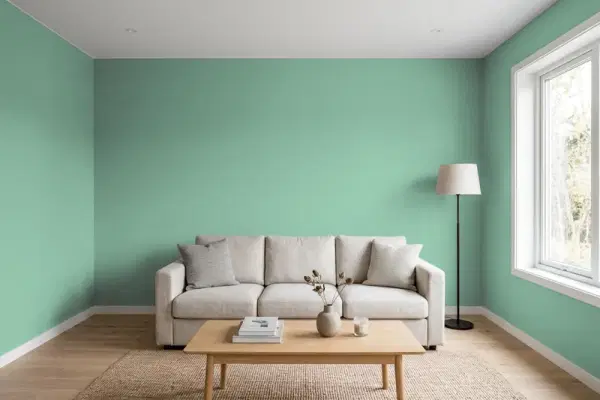Living room with walls painted PPG Paints Catnip 1139-4 (simulated)