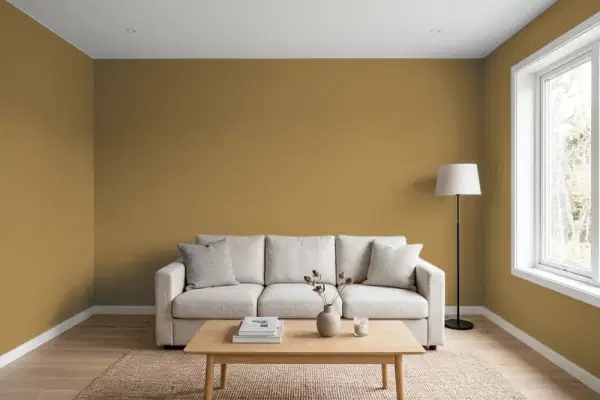 Living room with walls painted Behr Cattail Brown 350D-7 (simulated)