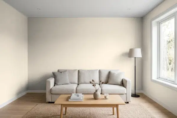 Living room with walls painted Benjamin Moore Cedar Key OC-16 (simulated)