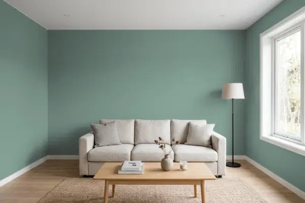 Living room with walls painted Benjamin Moore Cedar Mountains 706 (simulated)