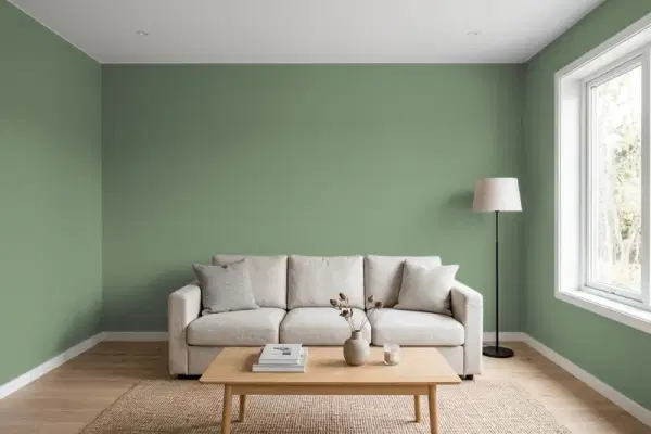 Living room with walls painted Benjamin Moore Cedar Path 454 (simulated)