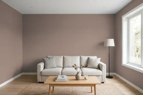 Living room with walls painted Behr Cedar Plank PPF-41 (simulated)