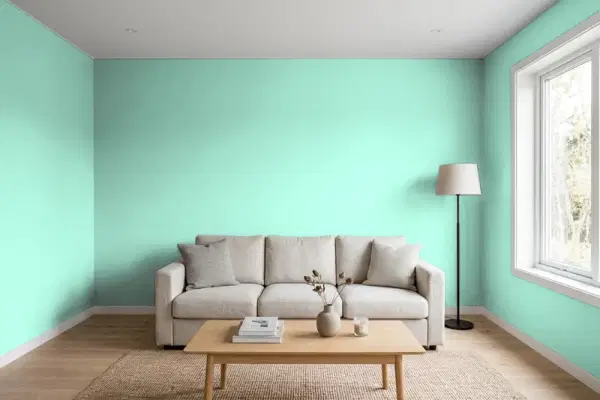 Living room with walls painted Benjamin Moore Celadon 590 (simulated)