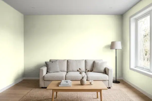 Living room with walls painted Behr Celery Ice 410E-2 (simulated)