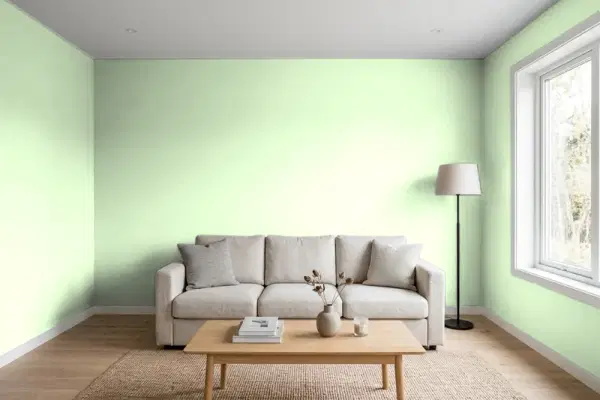 Living room with walls painted Benjamin Moore Celery Ice 2030-60 (simulated)