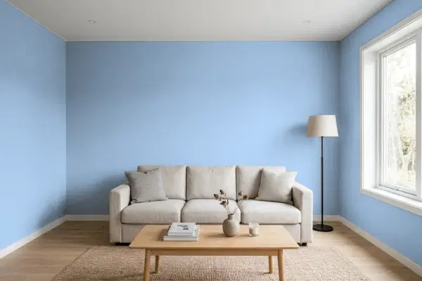Living room with walls painted Sherwin-Williams Celestial SW 6808 (simulated)